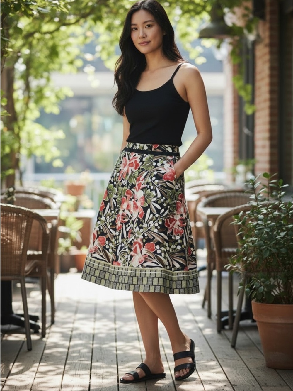 Talbots Black Floral A-Line Skirt with Pink Blossoms